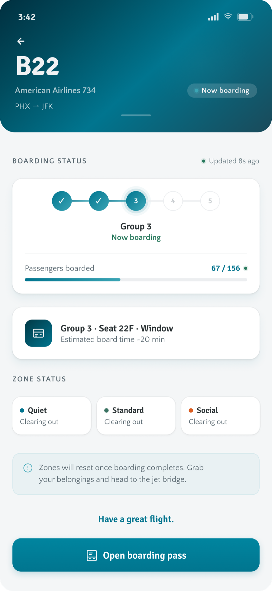 Boarding status for gate B22: group 3 boarding, 67 of 156 passengers on board, all three zones clearing out